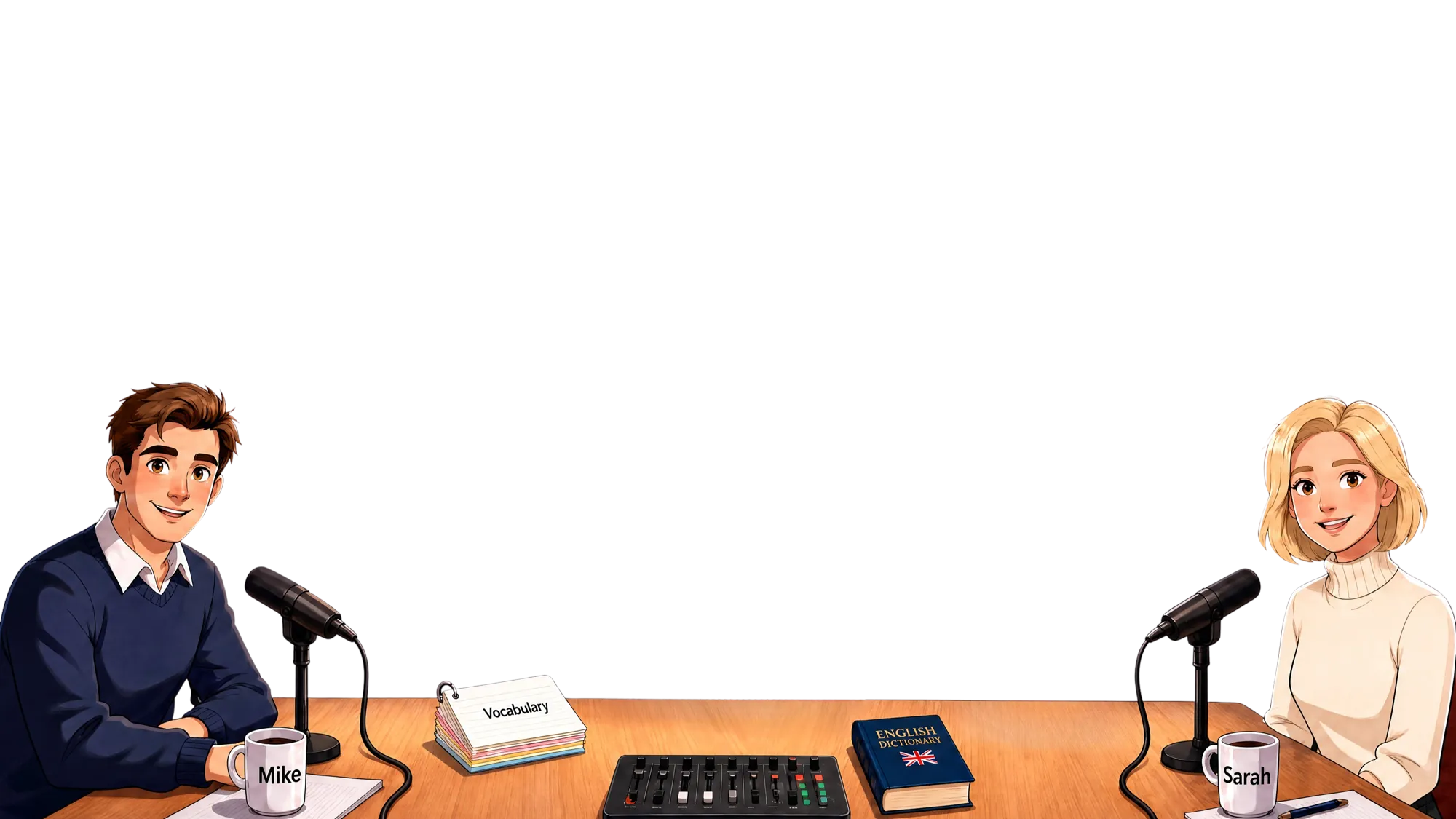 Mike and Sarah at the Everyday English Academy studio desk